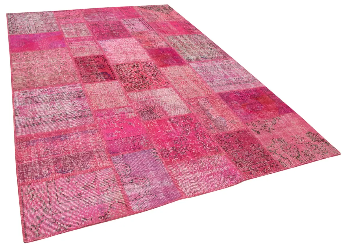 Patchwork Pembe Pamuk Üzerine Yün El Dokuma Kilim-205x300 - Görsel 2