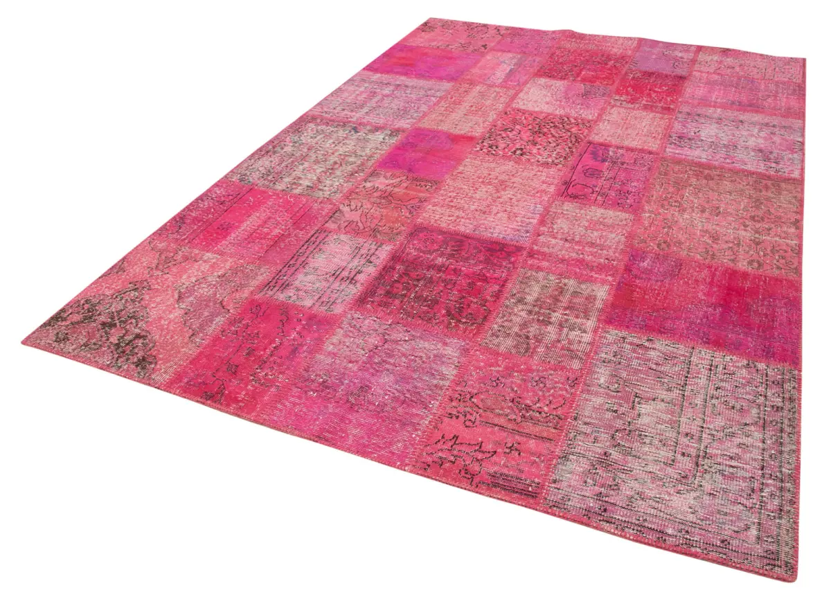 Patchwork Pembe Pamuk Üzerine Yün El Dokuma Kilim-205x300 - Görsel 3