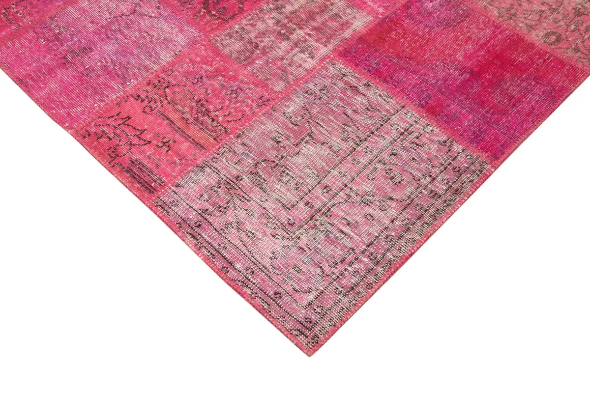 Patchwork Pembe Pamuk Üzerine Yün El Dokuma Kilim-205x300 - Görsel 4