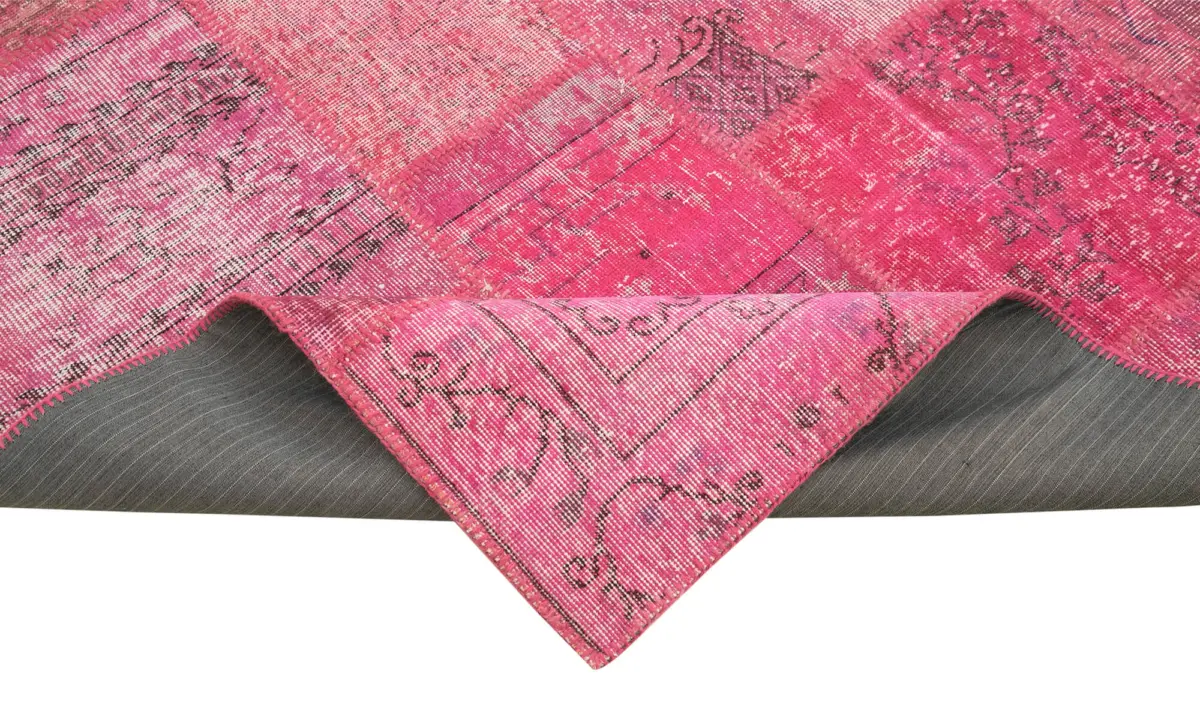 Patchwork Pembe Pamuk Üzerine Yün El Dokuma Kilim-205x300 - Görsel 6