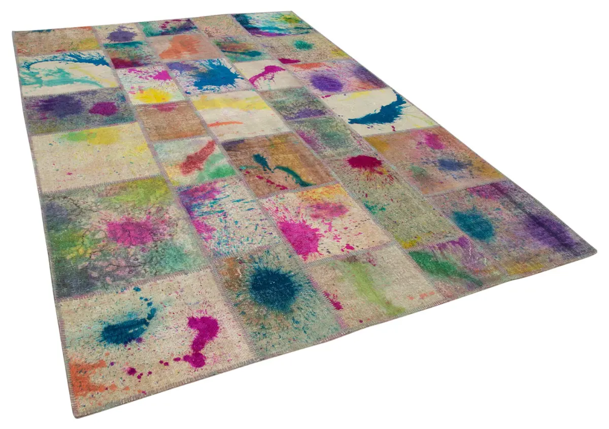 Patchwork Multi Pamuk Üzerine Yün El Dokuma Kilim-203x303 - Görsel 2