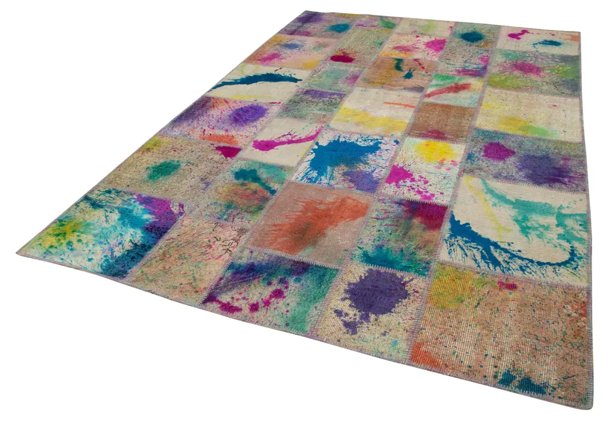Patchwork Multi Pamuk Üzerine Yün El Dokuma Kilim-203x303 - Görsel 3