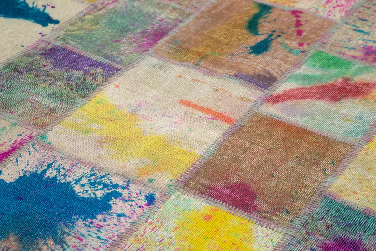 Patchwork Multi Pamuk Üzerine Yün El Dokuma Kilim-203x303 - Görsel 5