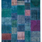 Patchwork Mavi Pamuk Üzerine Yün El Dokuma Kilim-204x300