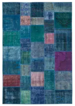 Patchwork Mavi Pamuk Üzerine Yün El Dokuma Kilim-204x300