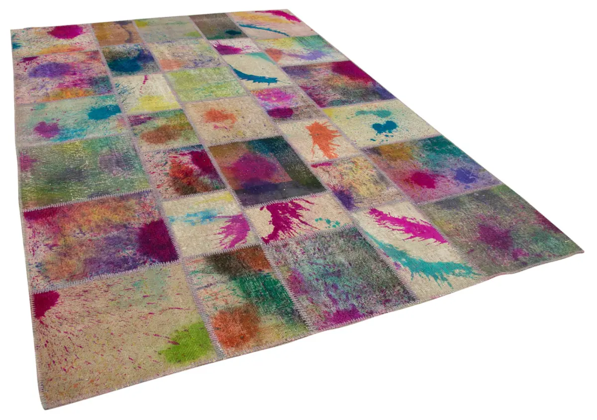 Patchwork Multi Pamuk Üzerine Yün El Dokuma Kilim-205x300 - Görsel 2