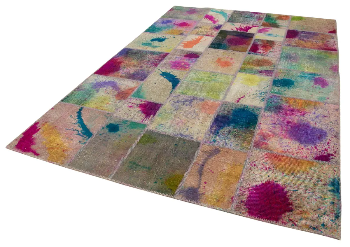 Patchwork Multi Pamuk Üzerine Yün El Dokuma Kilim-205x300 - Görsel 3