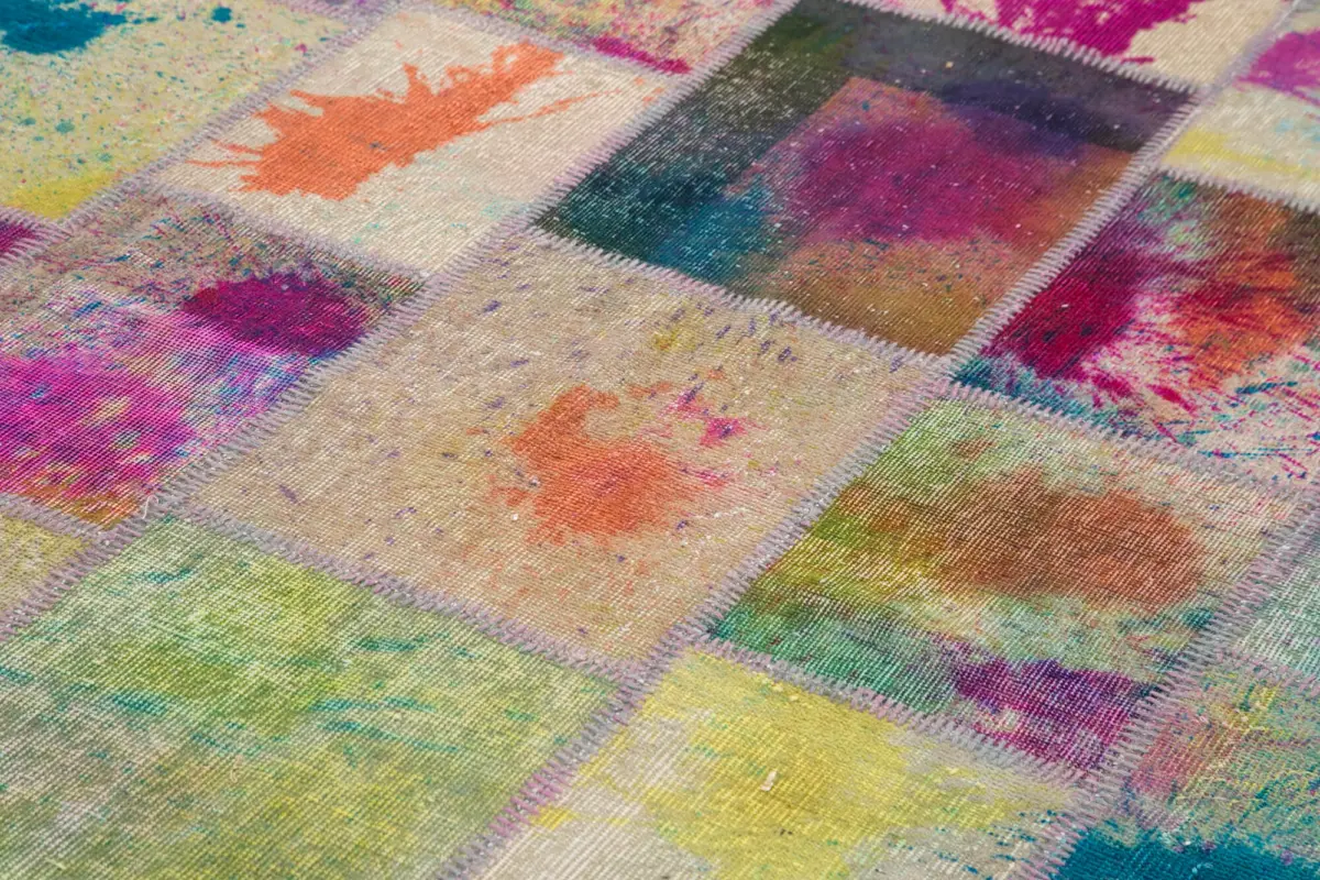 Patchwork Multi Pamuk Üzerine Yün El Dokuma Kilim-205x300 - Görsel 5