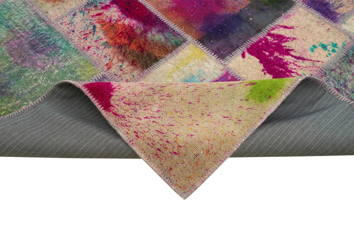 Patchwork Multi Pamuk Üzerine Yün El Dokuma Kilim-205x300 - Görsel 6