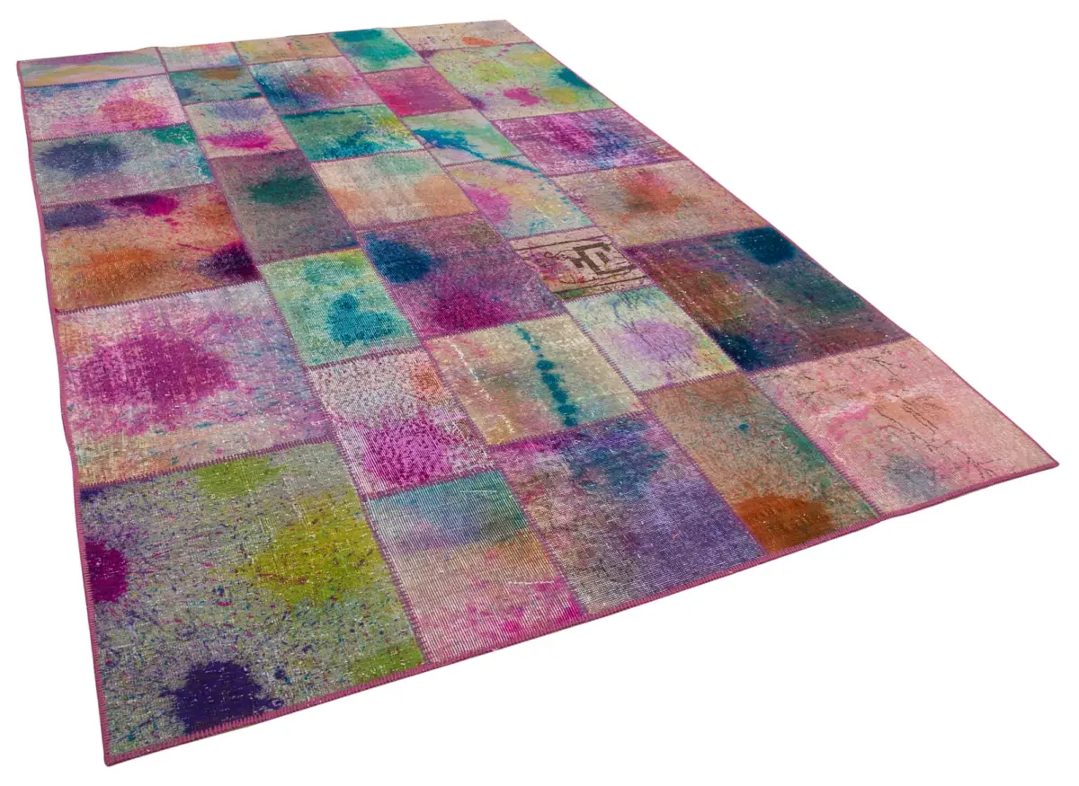 Patchwork Multi Pamuk Üzerine Yün El Dokuma Kilim-197x300 - Görsel 2