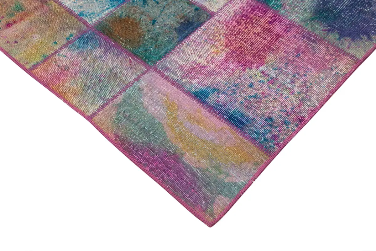 Patchwork Multi Pamuk Üzerine Yün El Dokuma Kilim-197x300 - Görsel 4