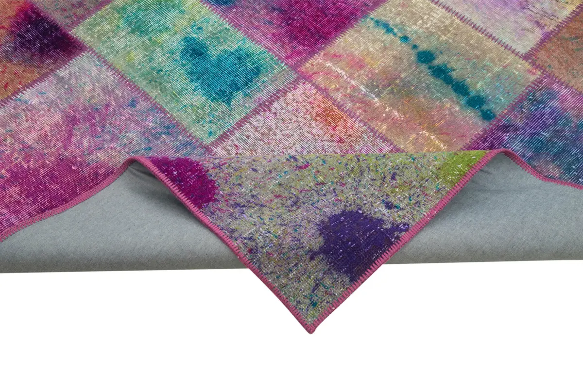 Patchwork Multi Pamuk Üzerine Yün El Dokuma Kilim-197x300 - Görsel 6