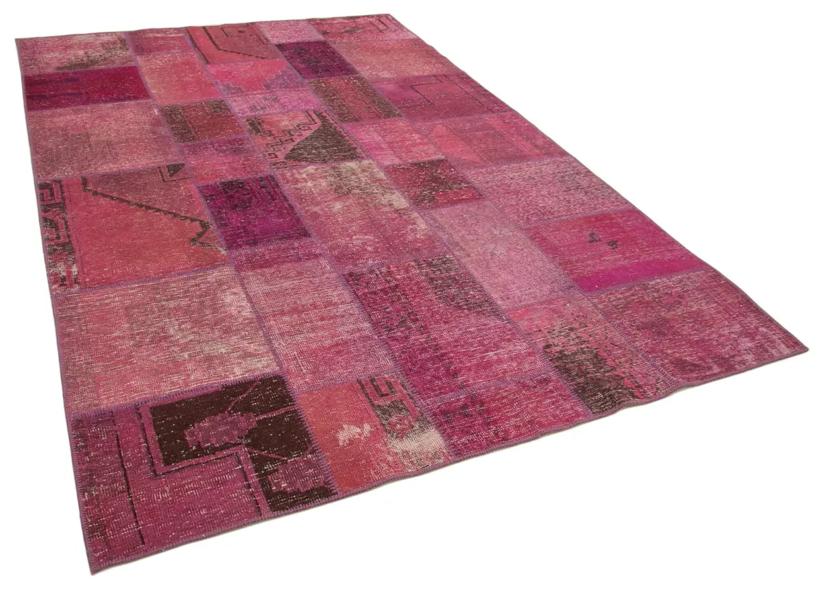 Patchwork Pembe Pamuk Üzerine Yün El Dokuma Kilim-196x299 - Görsel 2