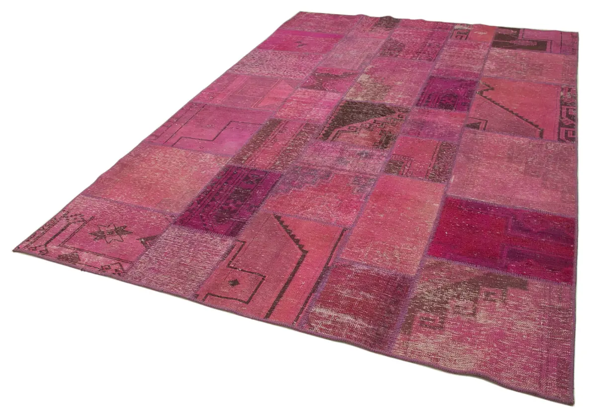 Patchwork Pembe Pamuk Üzerine Yün El Dokuma Kilim-196x299 - Görsel 3