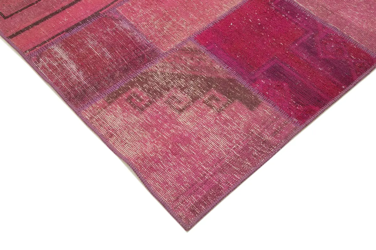 Patchwork Pembe Pamuk Üzerine Yün El Dokuma Kilim-196x299 - Görsel 4