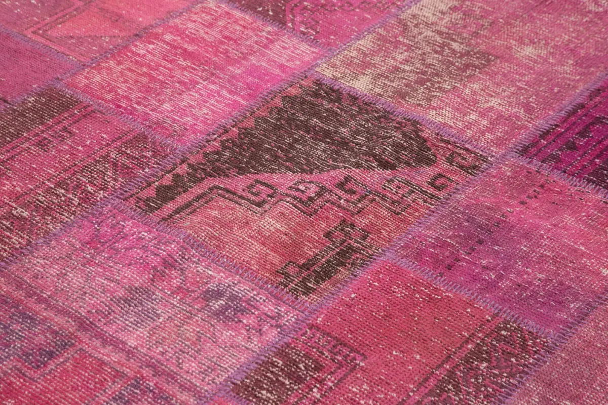 Patchwork Pembe Pamuk Üzerine Yün El Dokuma Kilim-196x299 - Görsel 5