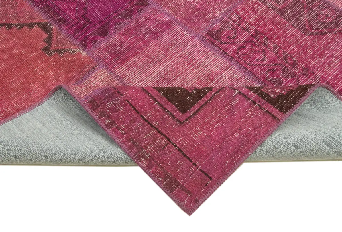 Patchwork Pembe Pamuk Üzerine Yün El Dokuma Kilim-196x299 - Görsel 6