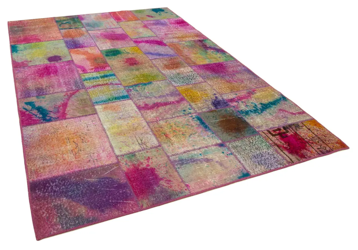 Patchwork Multi Pamuk Üzerine Yün El Dokuma Kilim-197x299 - Görsel 2