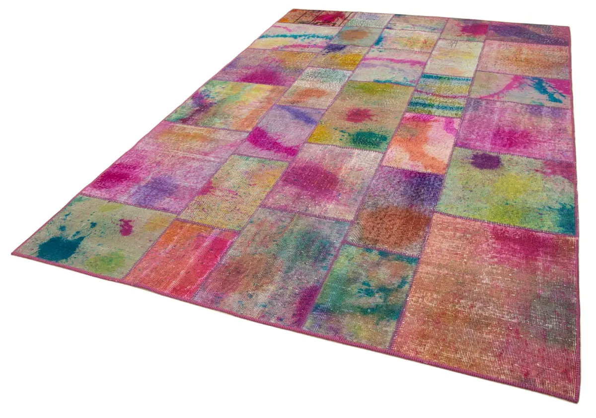 Patchwork Multi Pamuk Üzerine Yün El Dokuma Kilim-197x299 - Görsel 3