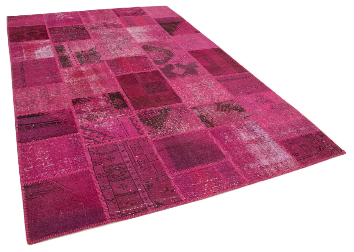 Patchwork Pembe Pamuk Üzerine Yün El Dokuma Kilim-198x302 - Görsel 2