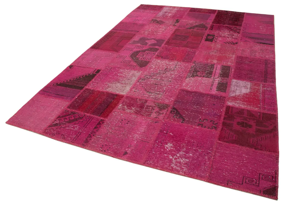 Patchwork Pembe Pamuk Üzerine Yün El Dokuma Kilim-198x302 - Görsel 3