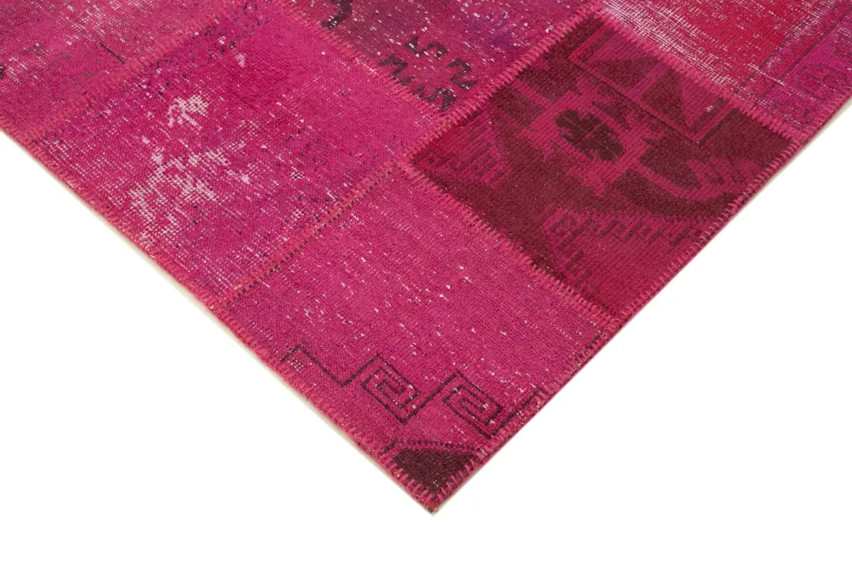 Patchwork Pembe Pamuk Üzerine Yün El Dokuma Kilim-198x302 - Görsel 4
