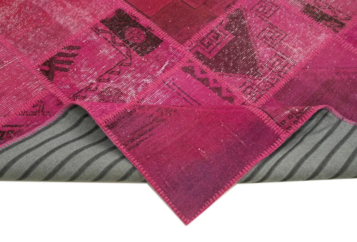Patchwork Pembe Pamuk Üzerine Yün El Dokuma Kilim-198x302 - Görsel 6