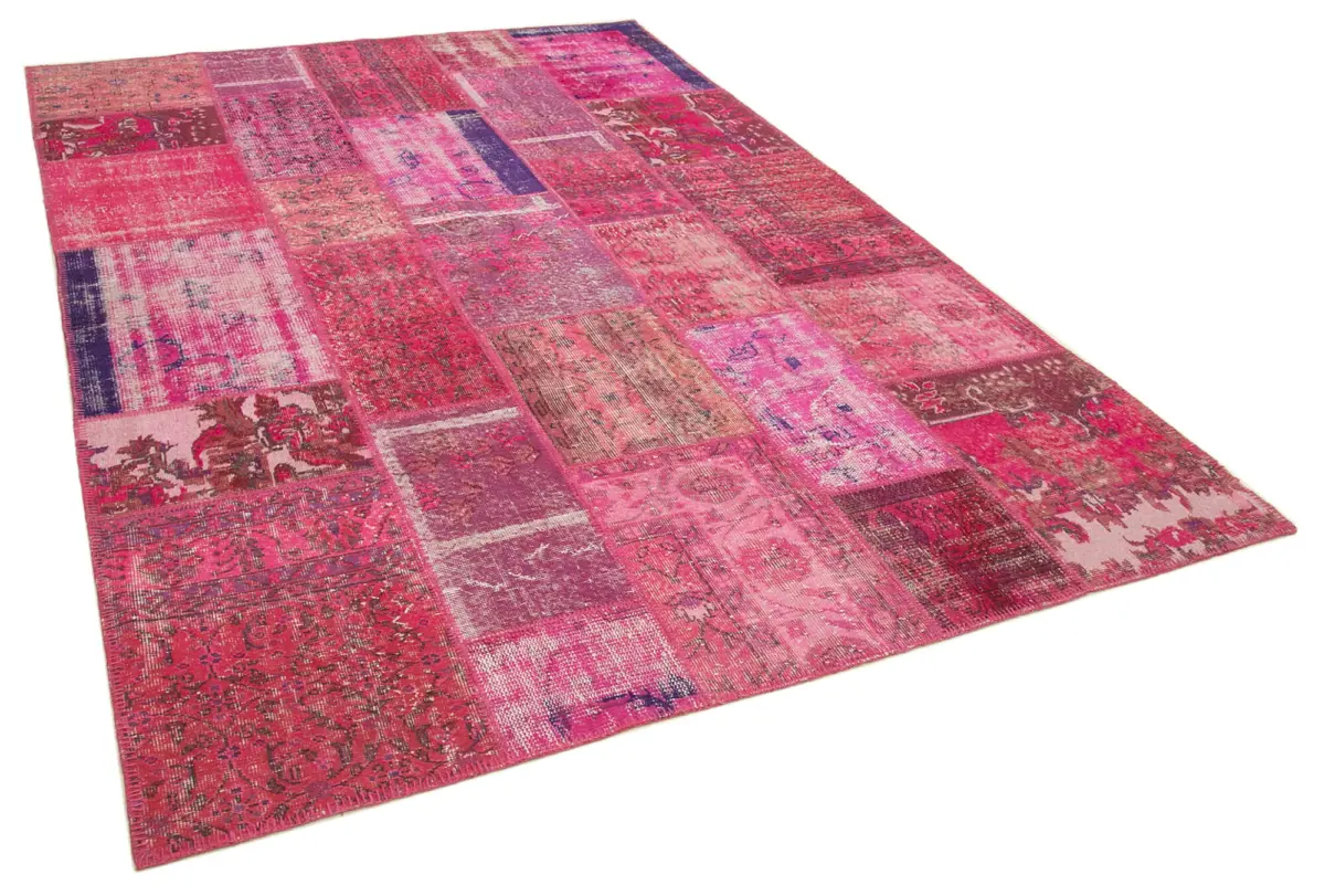 Patchwork Pembe Pamuk Üzerine Yün El Dokuma Kilim-198x294 - Görsel 2
