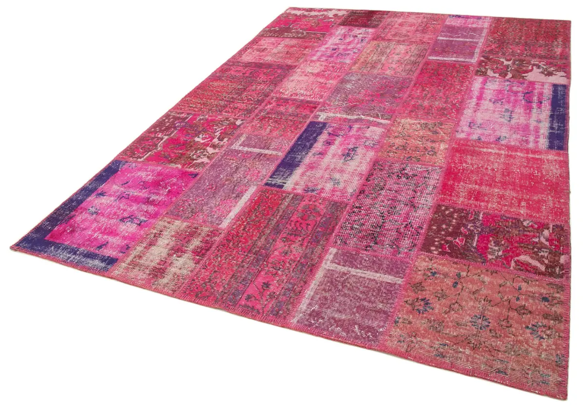 Patchwork Pembe Pamuk Üzerine Yün El Dokuma Kilim-198x294 - Görsel 3