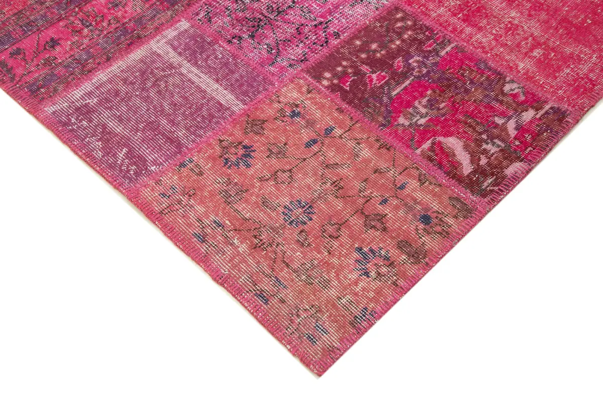 Patchwork Pembe Pamuk Üzerine Yün El Dokuma Kilim-198x294 - Görsel 4