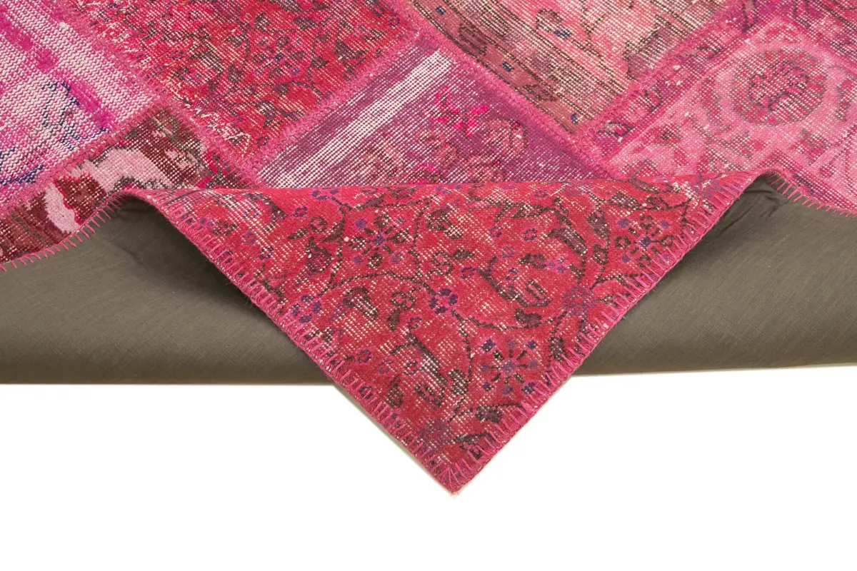 Patchwork Pembe Pamuk Üzerine Yün El Dokuma Kilim-198x294 - Görsel 6