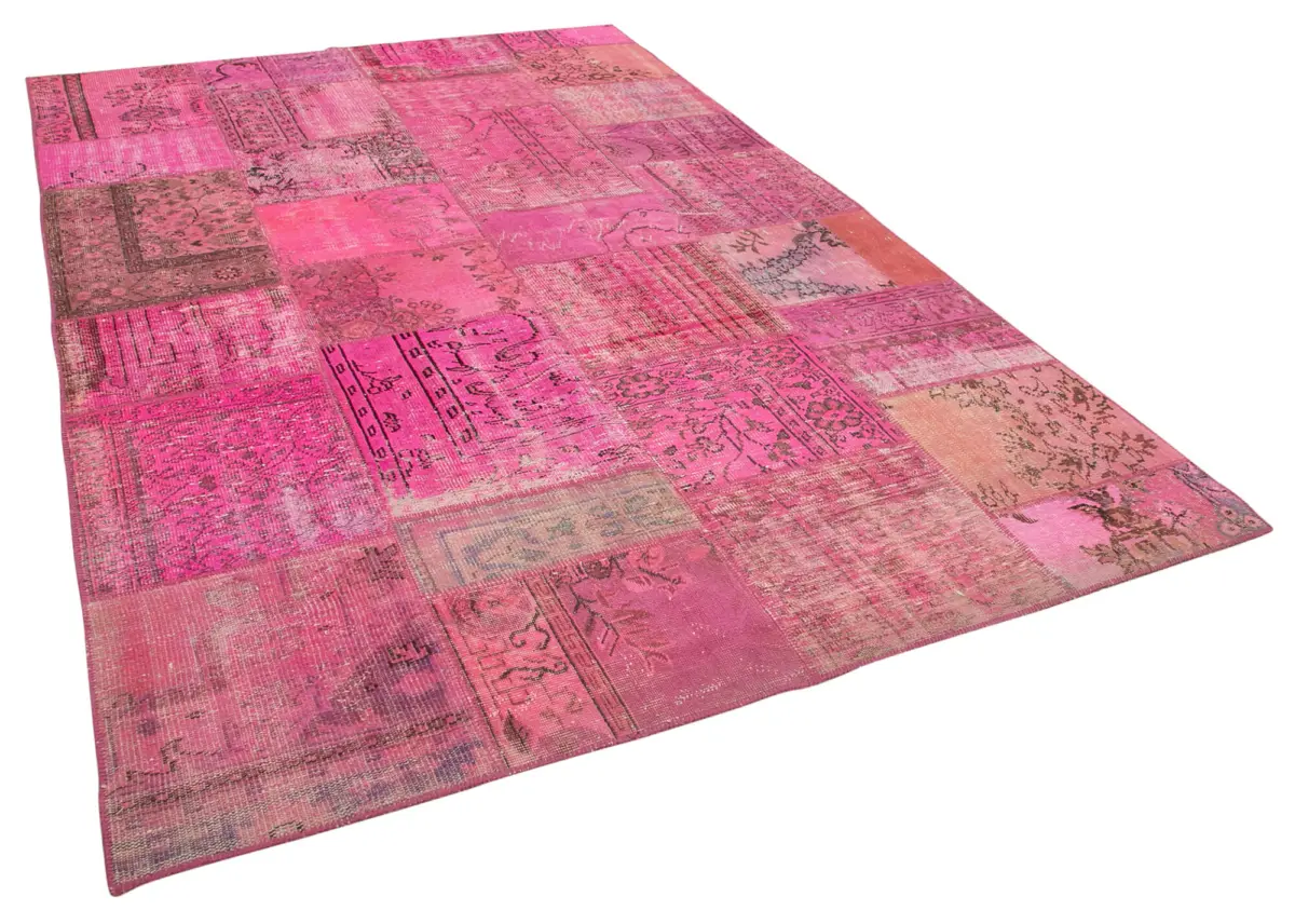Patchwork Pembe Pamuk Üzerine Yün El Dokuma Kilim-208x314 - Görsel 2