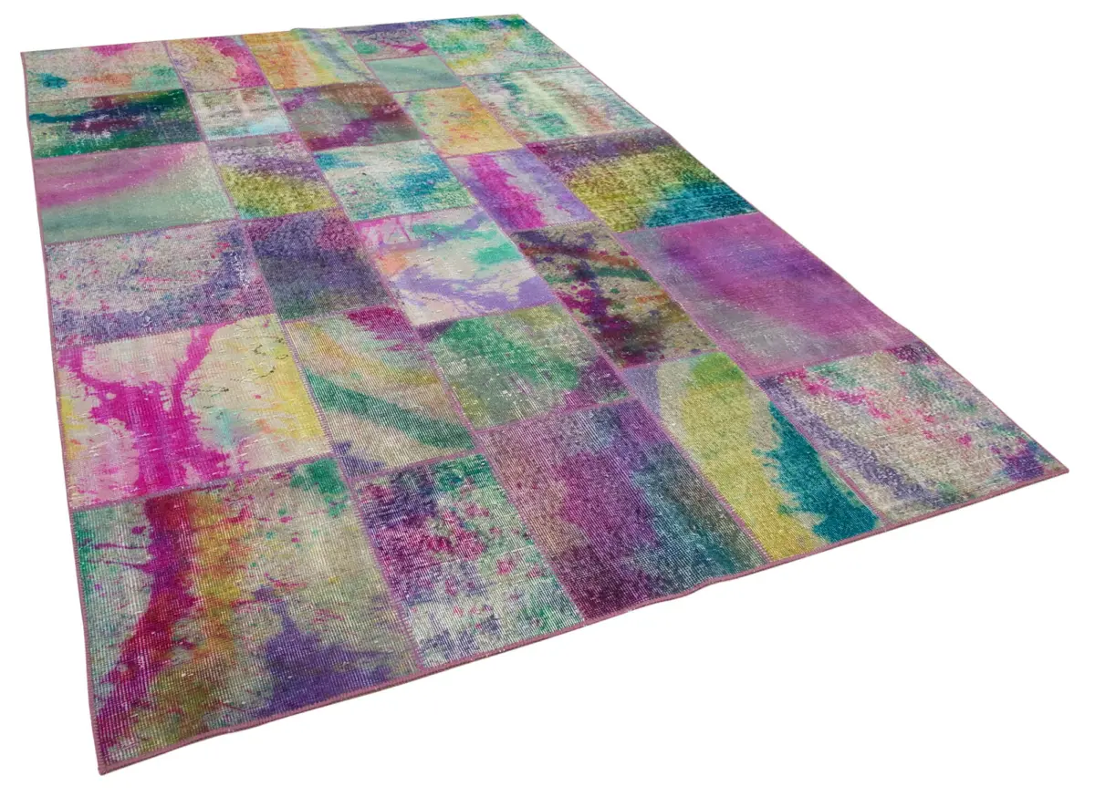 Patchwork Multi Pamuk Üzerine Yün El Dokuma Kilim-197x300 - Görsel 2