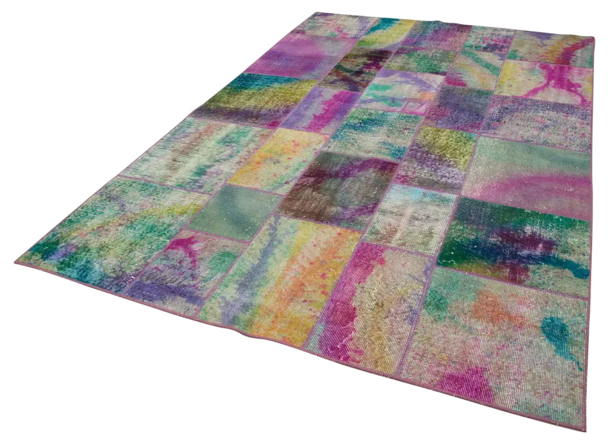 Patchwork Multi Pamuk Üzerine Yün El Dokuma Kilim-197x300 - Görsel 3