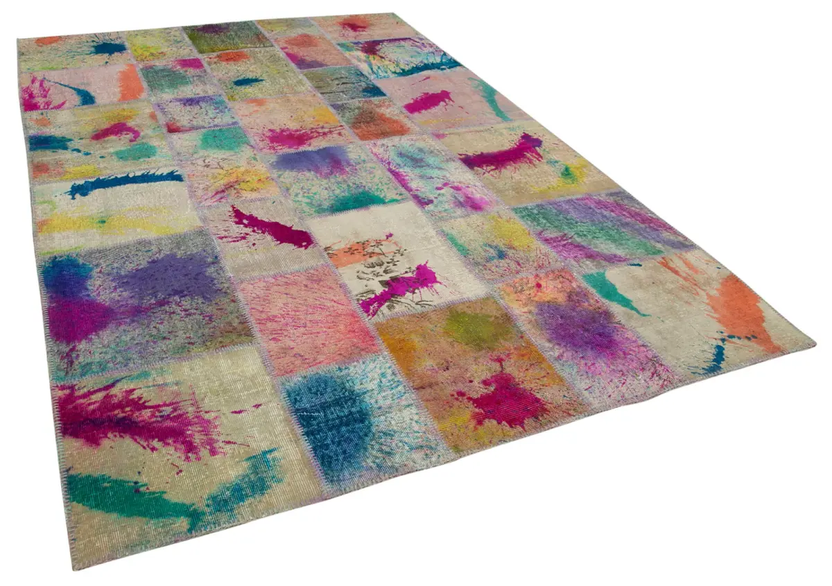 Patchwork Multi Pamuk Üzerine Yün El Dokuma Kilim-206x305 - Görsel 2