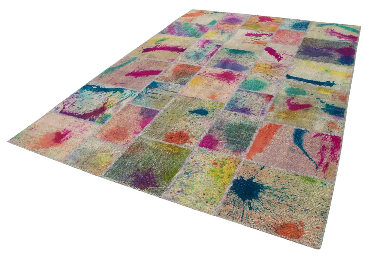 Patchwork Multi Pamuk Üzerine Yün El Dokuma Kilim-206x305 - Görsel 3