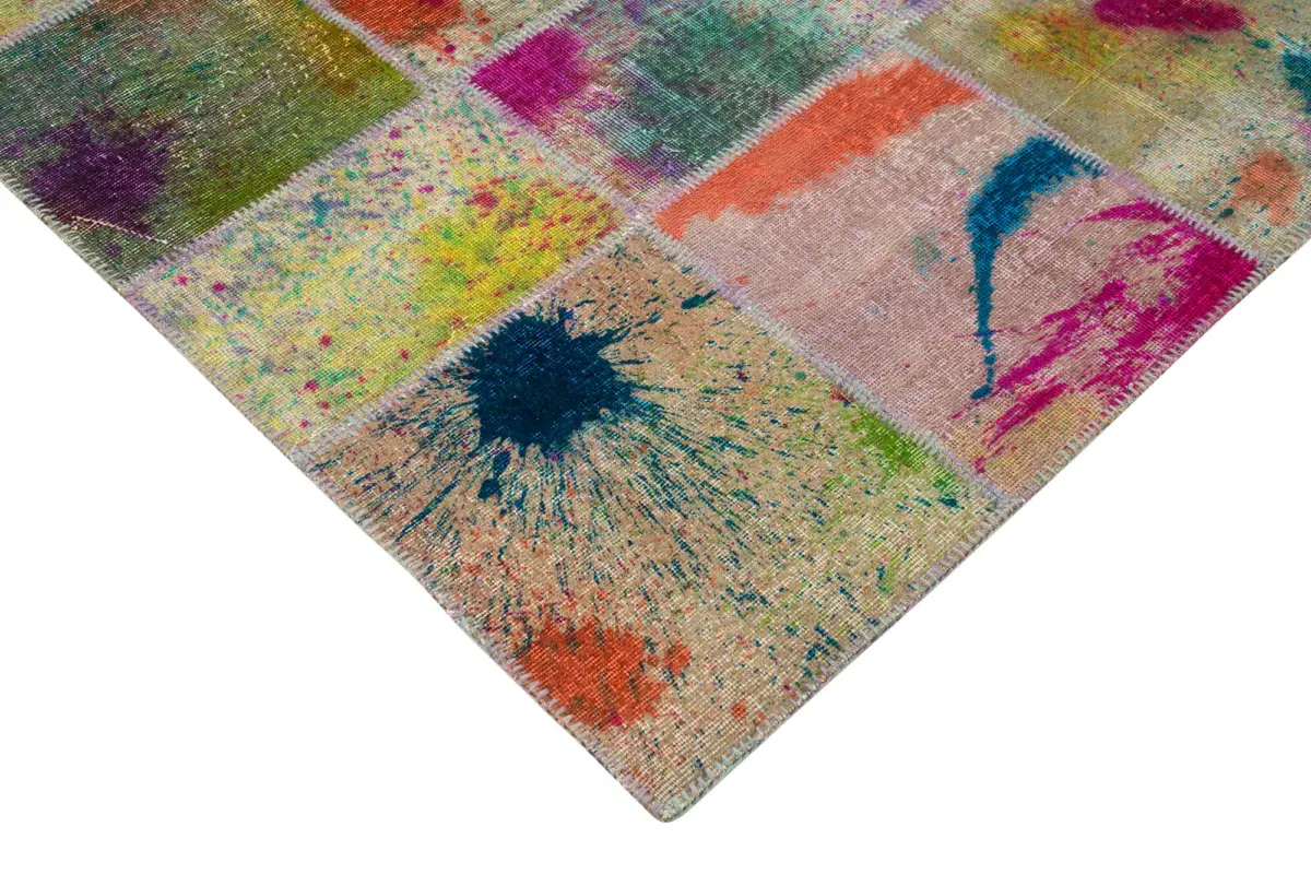 Patchwork Multi Pamuk Üzerine Yün El Dokuma Kilim-206x305 - Görsel 4