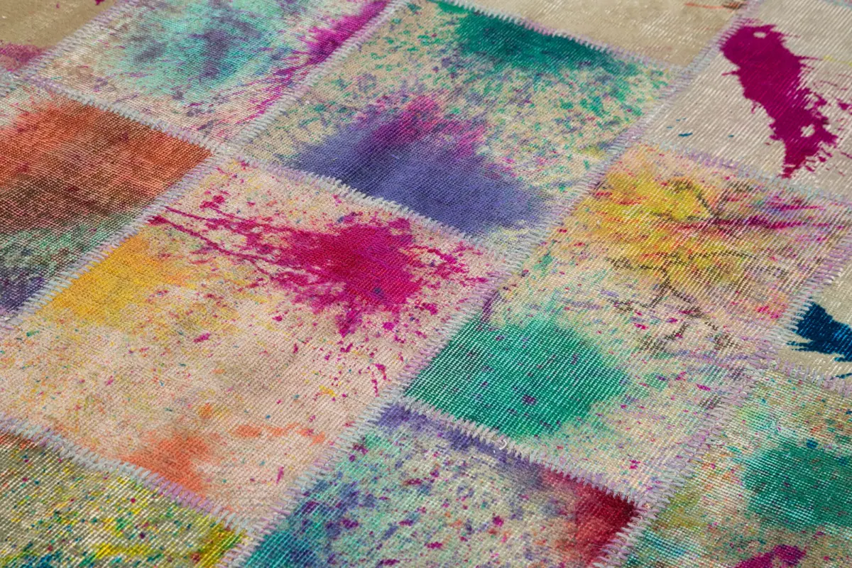 Patchwork Multi Pamuk Üzerine Yün El Dokuma Kilim-206x305 - Görsel 5