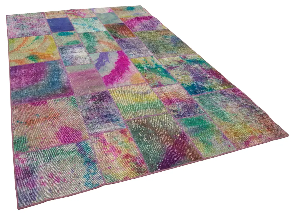 Patchwork Multi Pamuk Üzerine Yün El Dokuma Kilim-196x300 - Görsel 2