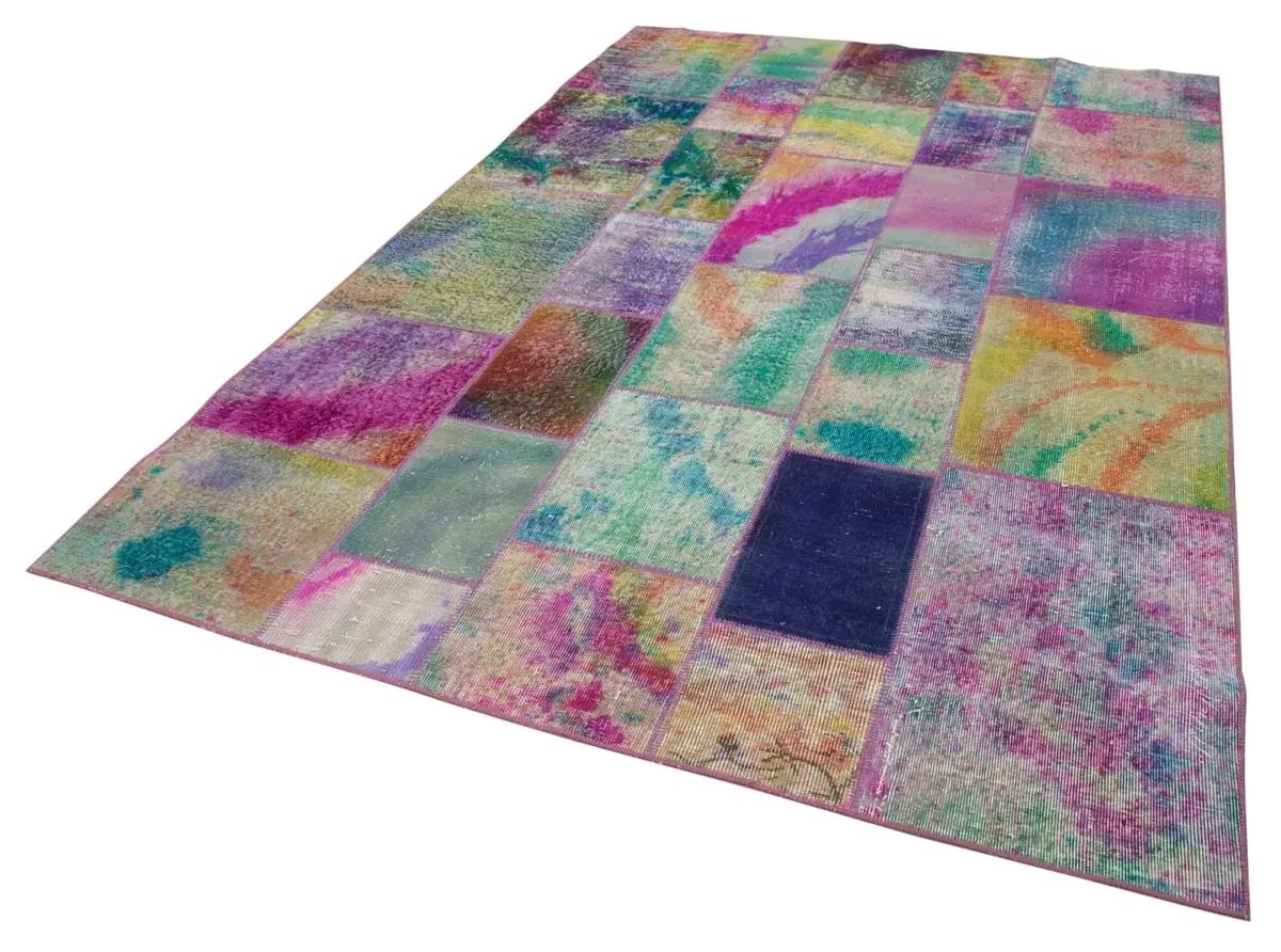 Patchwork Multi Pamuk Üzerine Yün El Dokuma Kilim-196x300 - Görsel 3