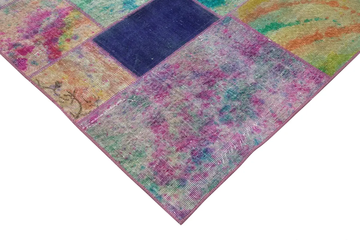 Patchwork Multi Pamuk Üzerine Yün El Dokuma Kilim-196x300 - Görsel 4
