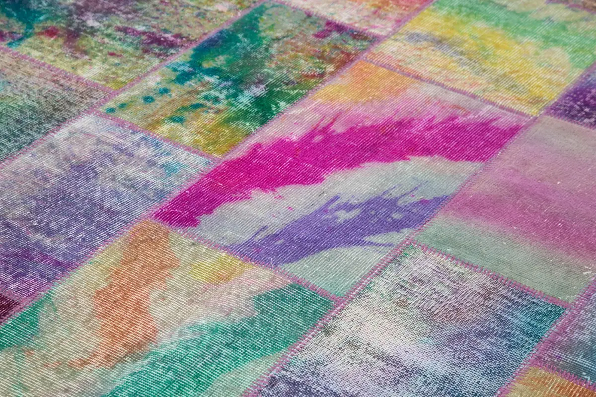 Patchwork Multi Pamuk Üzerine Yün El Dokuma Kilim-196x300 - Görsel 5