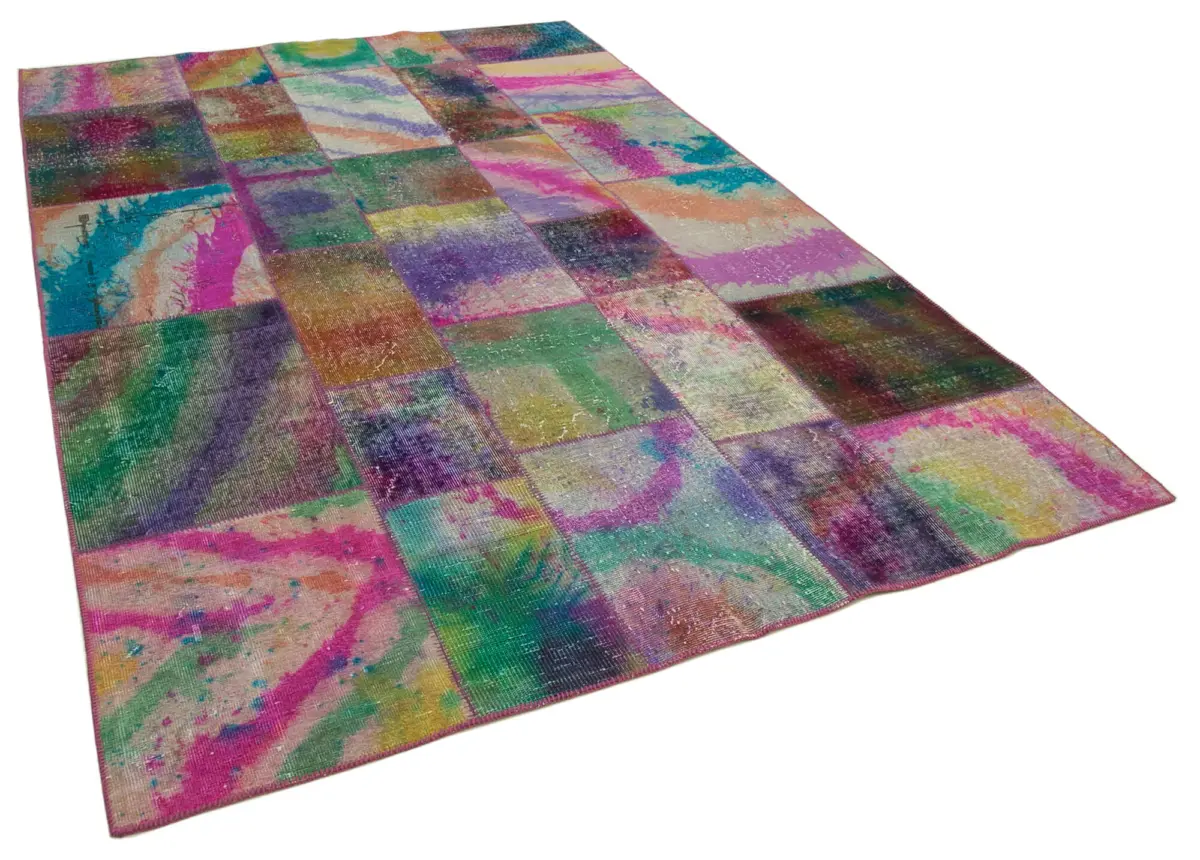 Patchwork Multi Pamuk Üzerine Yün El Dokuma Kilim-196x300 - Görsel 2