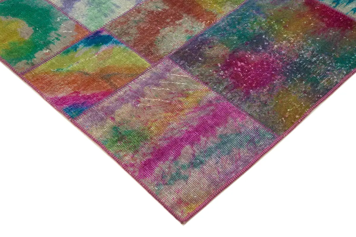 Patchwork Multi Pamuk Üzerine Yün El Dokuma Kilim-196x300 - Görsel 4