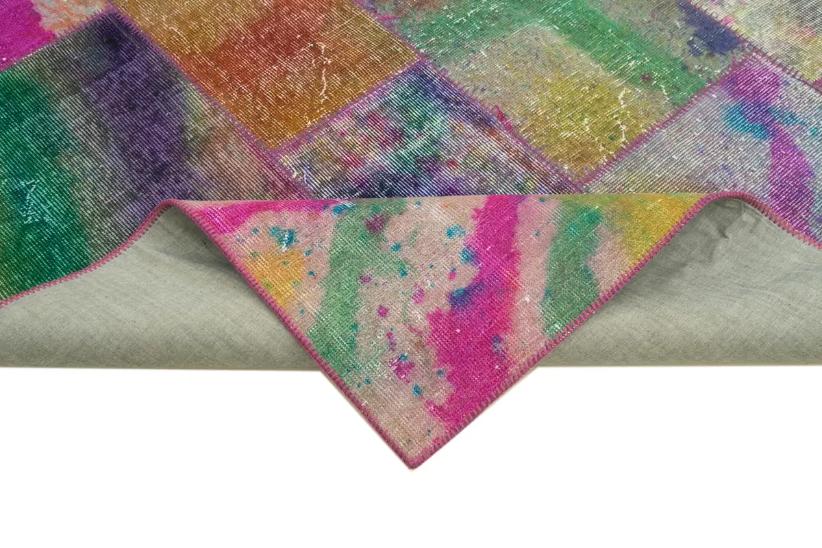 Patchwork Multi Pamuk Üzerine Yün El Dokuma Kilim-196x300 - Görsel 6