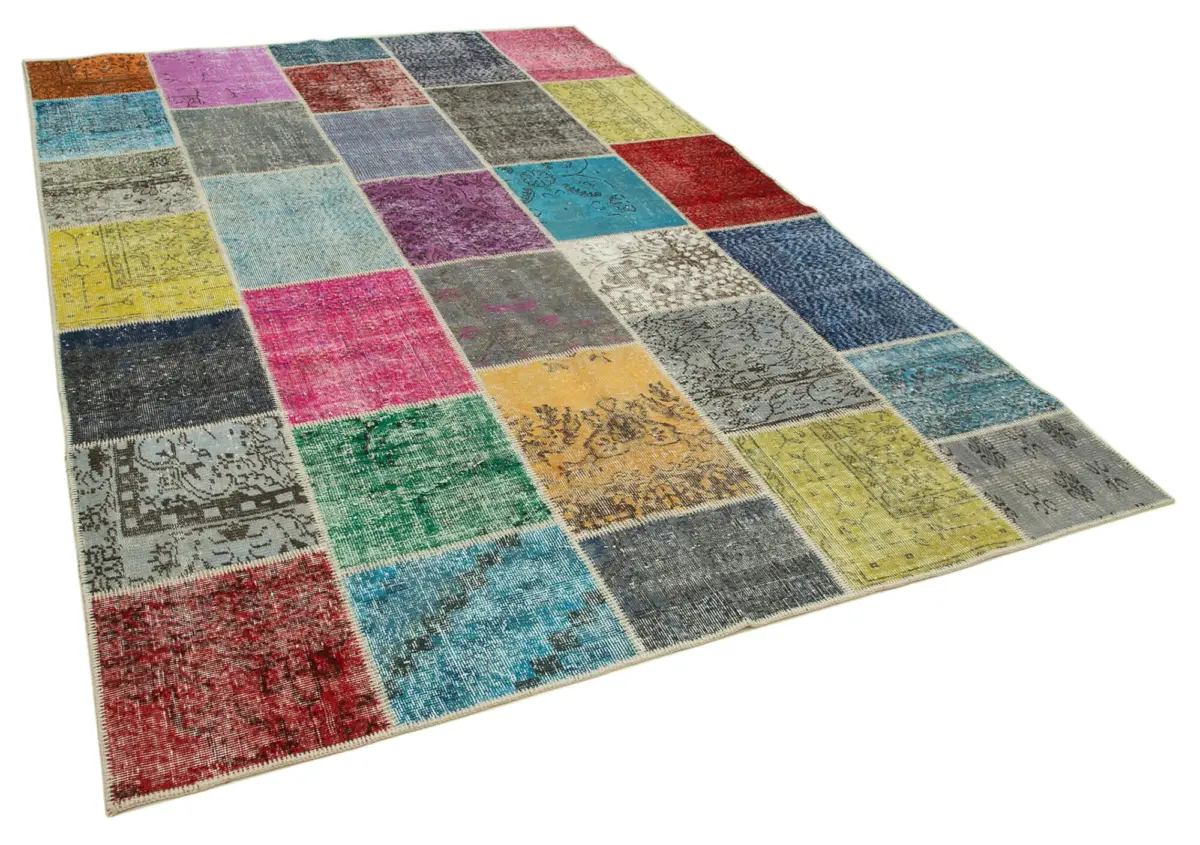 Patchwork Multi Pamuk Üzerine Yün El Dokuma Kilim-205x300 - Görsel 2