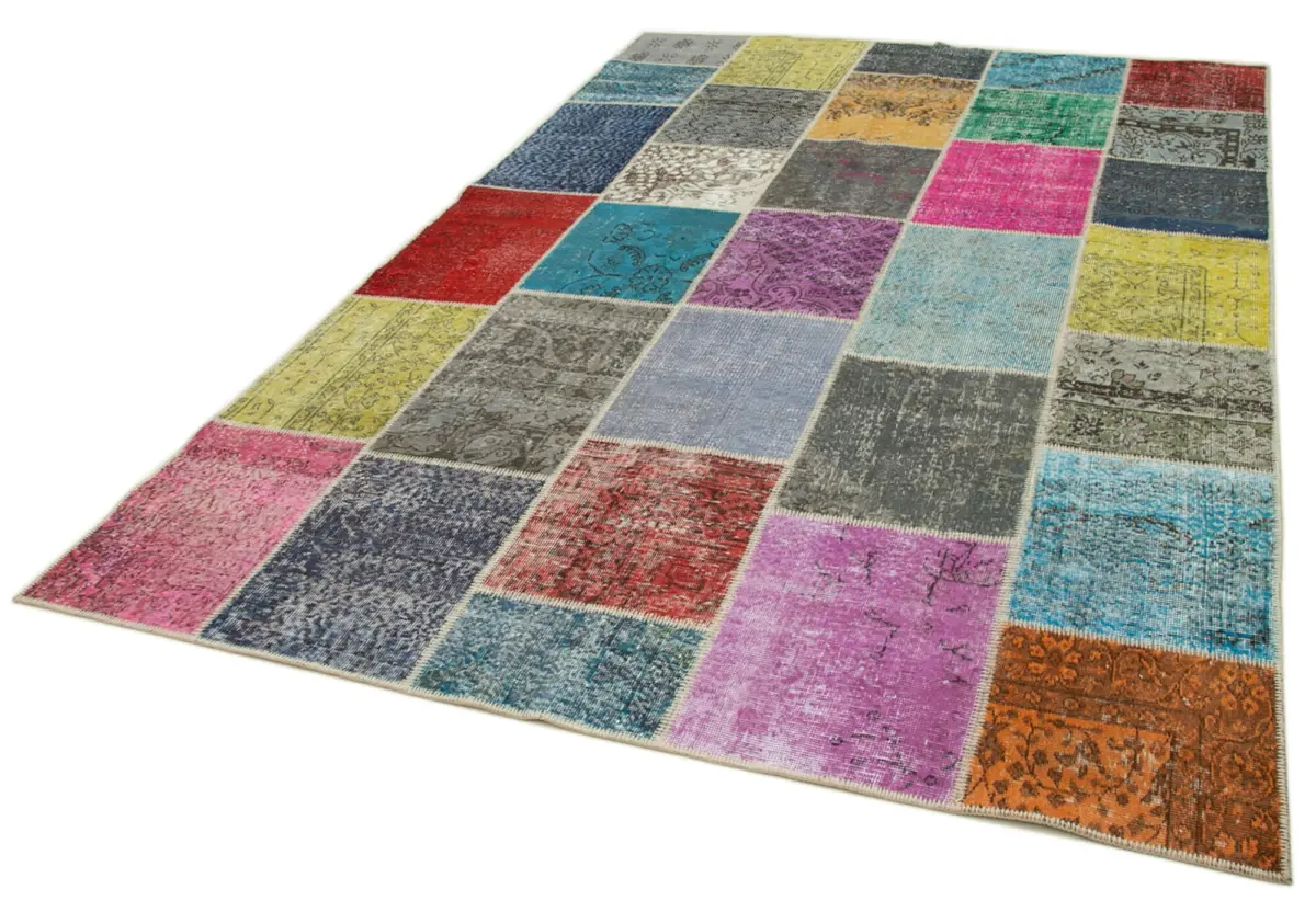 Patchwork Multi Pamuk Üzerine Yün El Dokuma Kilim-205x300 - Görsel 3