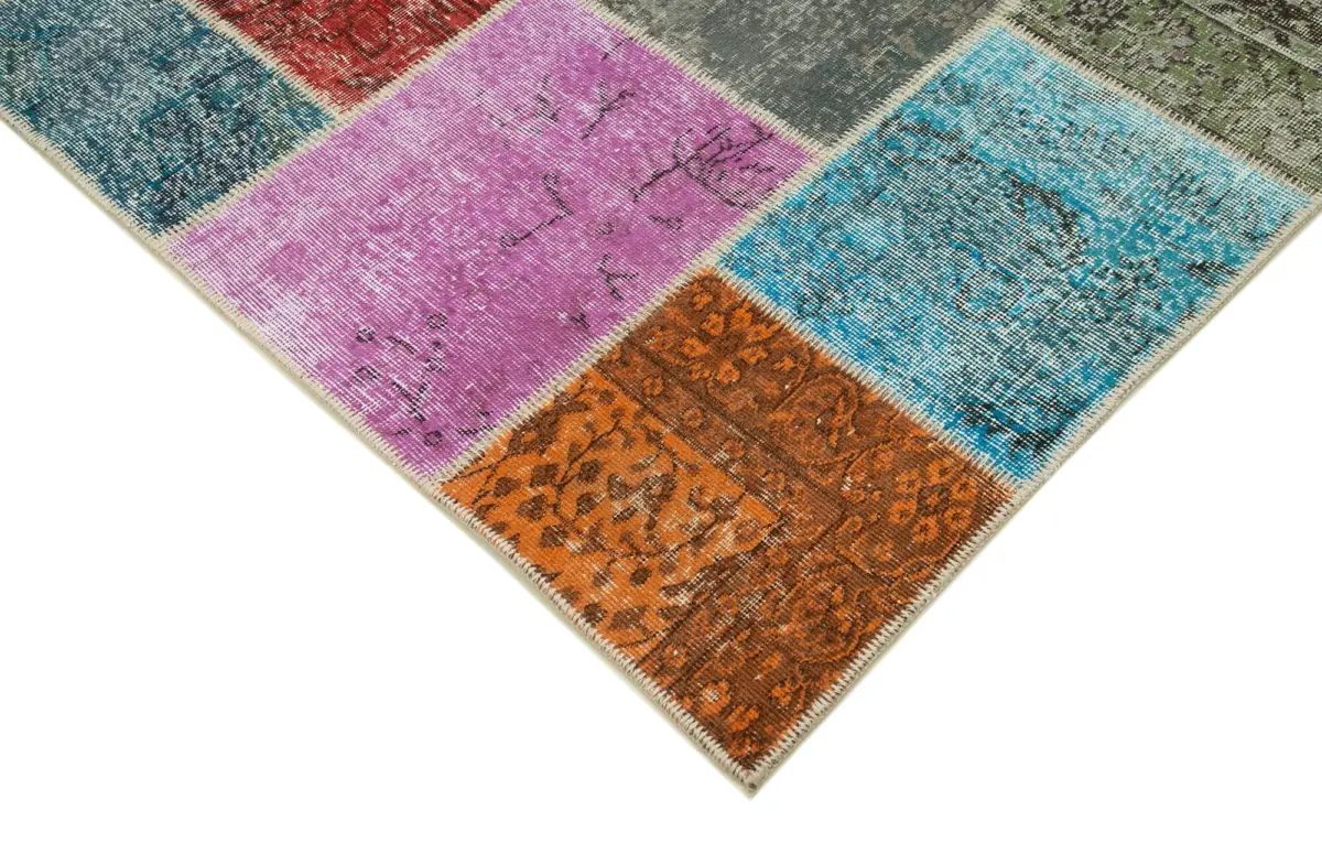 Patchwork Multi Pamuk Üzerine Yün El Dokuma Kilim-205x300 - Görsel 4