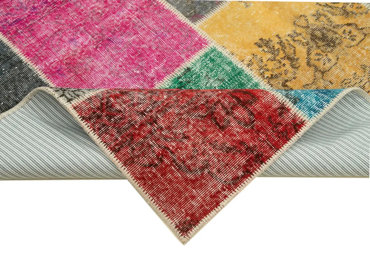 Patchwork Multi Pamuk Üzerine Yün El Dokuma Kilim-205x300 - Görsel 6