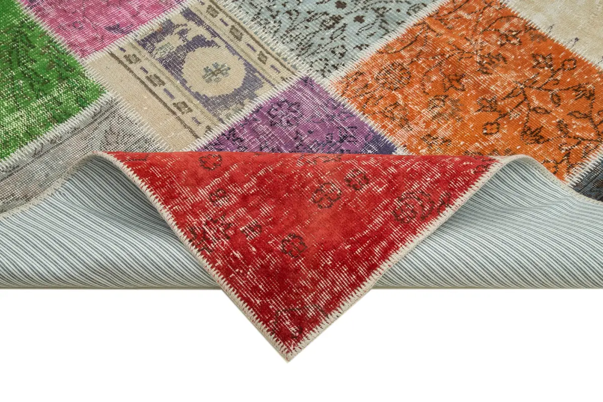 Patchwork Multi Pamuk Üzerine Yün El Dokuma Kilim-202x300 - Görsel 6